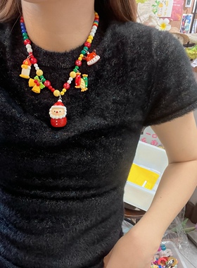 圣诞老人彩色串珠短款项链颈链