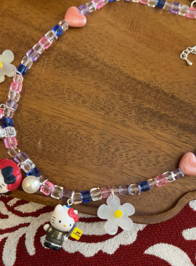 蓝红色KT猫咪KITTY度假短款项链