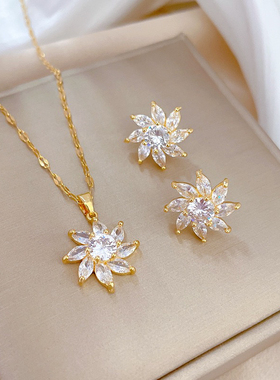 【钛钢】1项链耳环套装防掉色防过敏新款重工镶钻耳饰项饰组合女