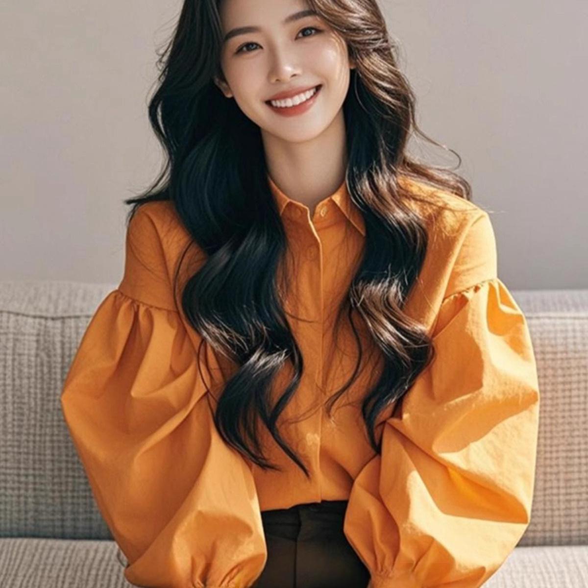 专柜撤回新款橙色灯笼袖单排扣衬衫女装冷淡系高级感独特别致上衣 - 图1