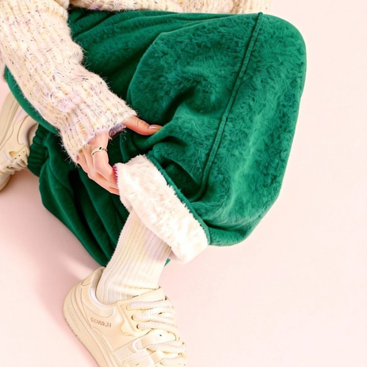 外贸撤回气质垂感宽松慵懒风墨绿色羊羔毛加绒加厚束脚阔腿裤女,淘宝优惠券,粉丝福利购,淘宝优惠卷
