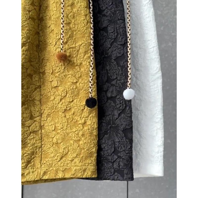 新中式九分裤阔腿裤女高级感提花黄色高腰宽松休闲裤春秋新款裤子 - 图1