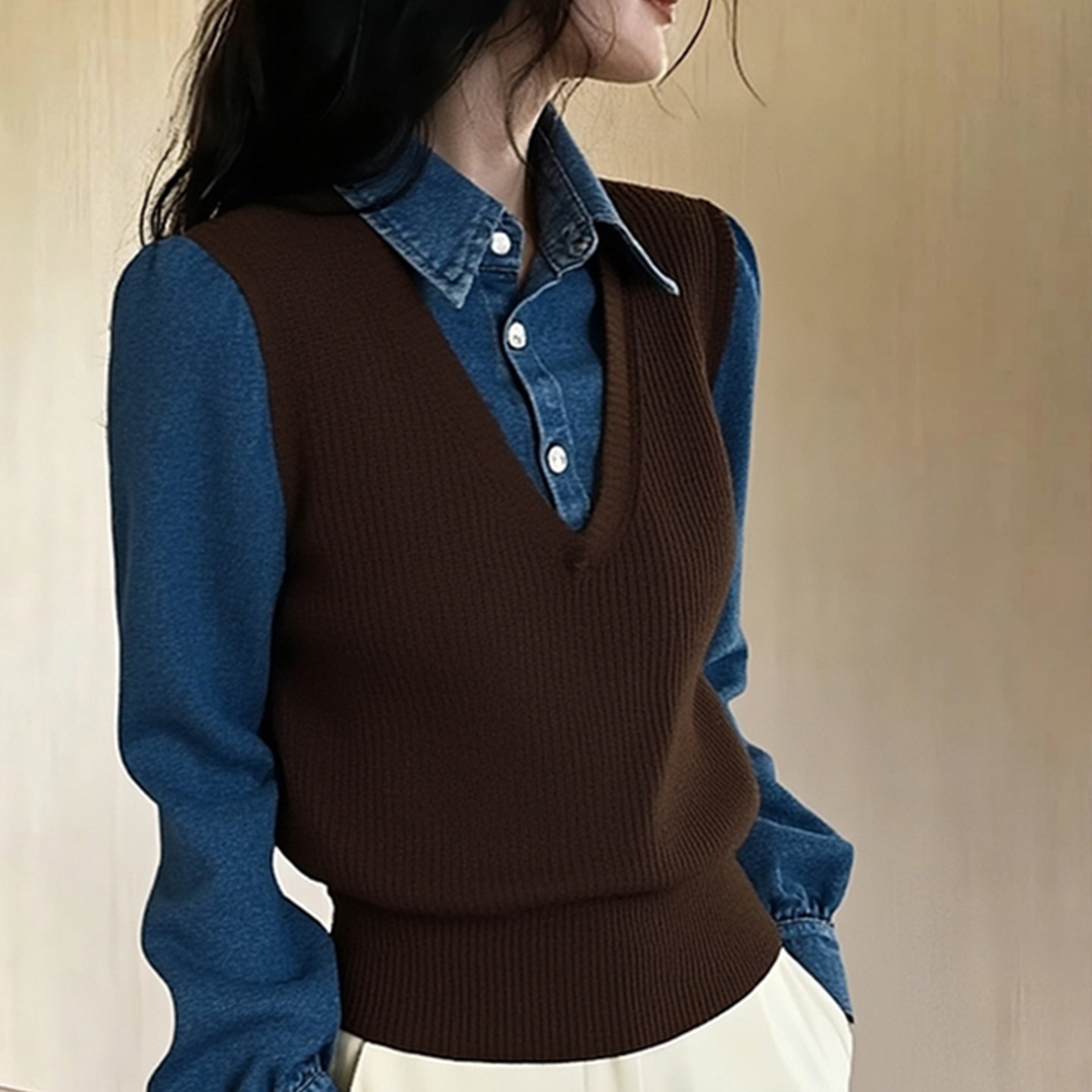 外贸撤回假两件咖色拼接针织衬衫女秋冬季洋气巨好看掐腰气质上衣 - 图3