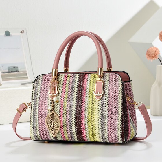 Summer popular rainbow woven bag for women 2026 new seaside beach vacation straw crossbody bag portable bucket bag