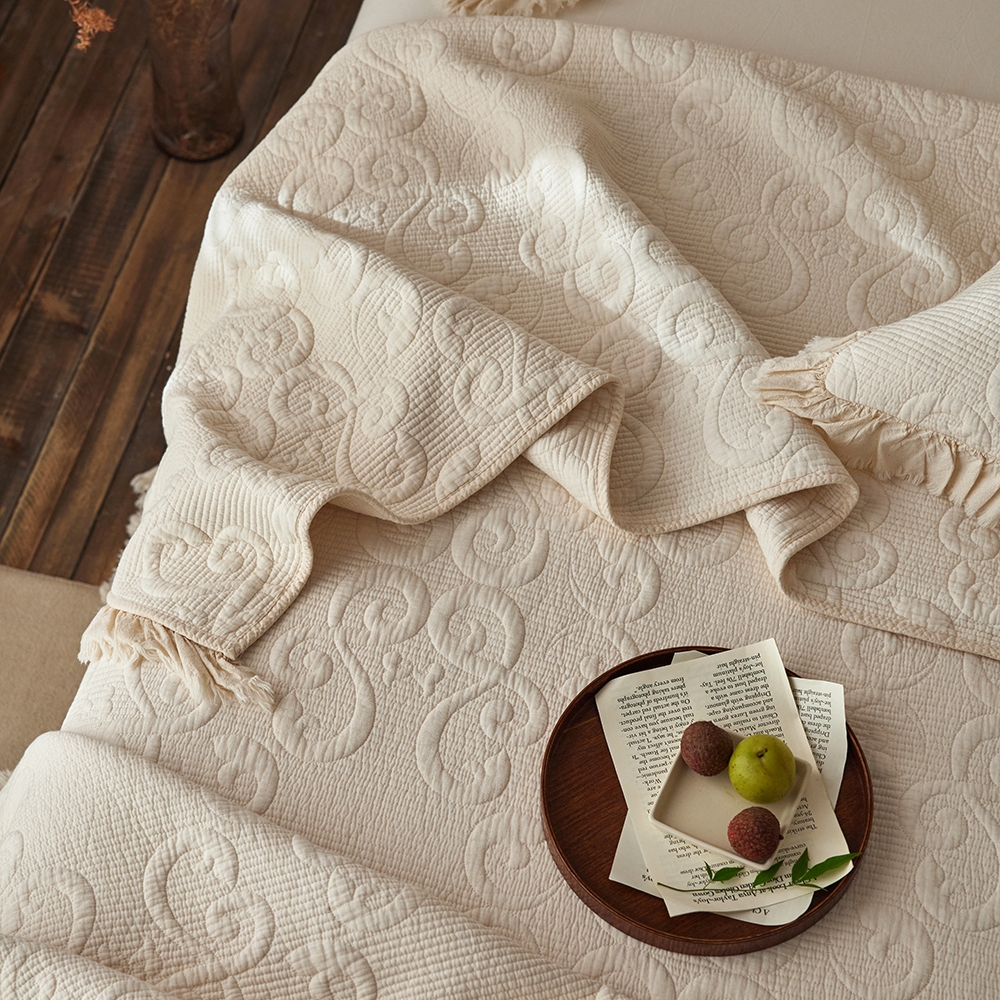 法式浪漫绗缝夹棉床盖三件套成品酵素纯棉加厚床单防滑四季通用 - 图2