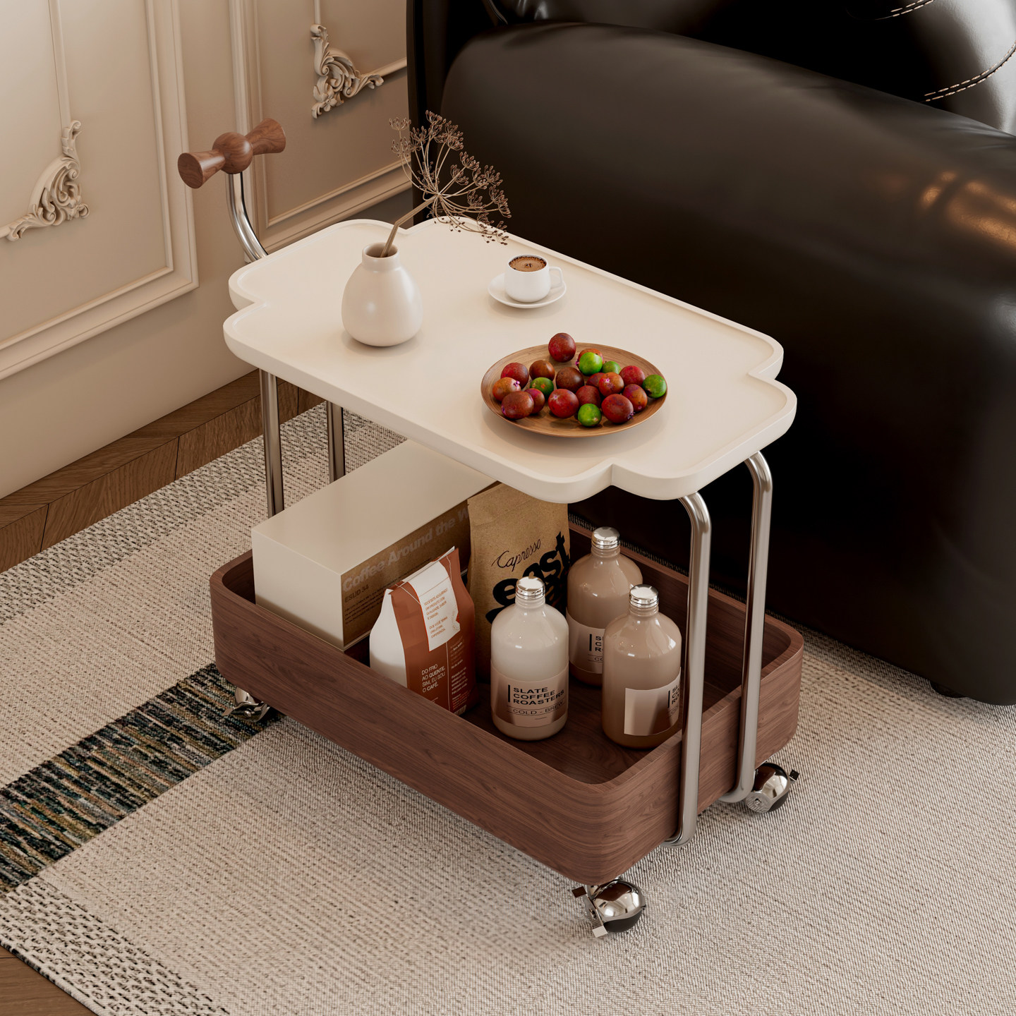 实木边几可移动收纳小推车中古客厅沙发储物置物架胡桃木色餐车 - 图0