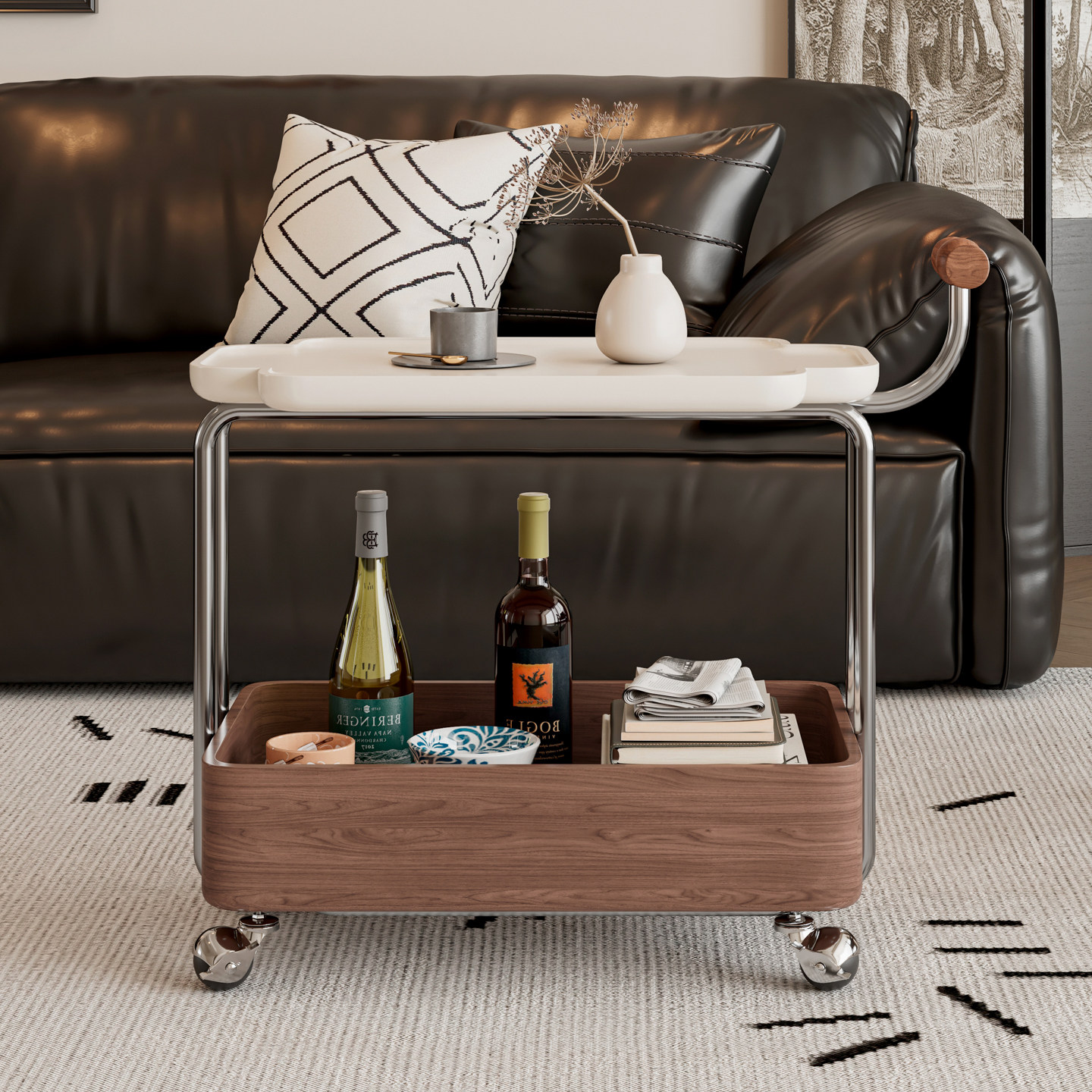 实木边几可移动收纳小推车中古客厅沙发储物置物架胡桃木色餐车 - 图1