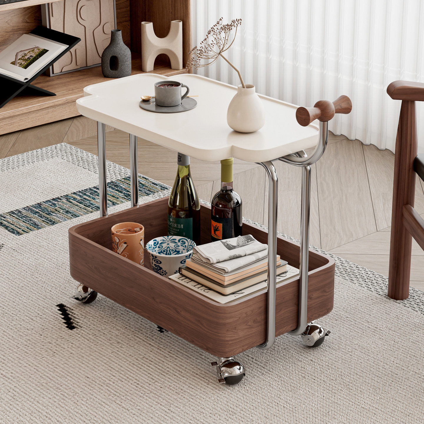 实木边几可移动收纳小推车中古客厅沙发储物置物架胡桃木色餐车 - 图3