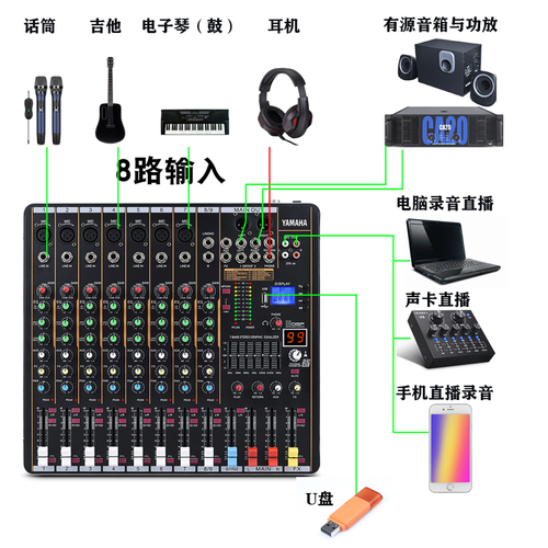 YAMAHA雅马哈调音台专业6路8路带效果器蓝牙录音混响声卡直播舞台