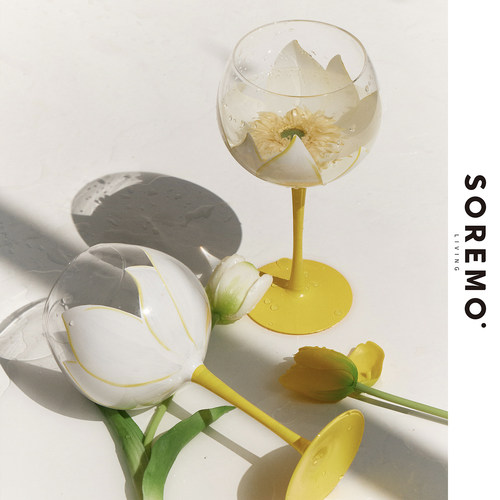 SOREMO 中古郁金香红酒杯高脚杯葡萄酒杯手绘ins生日礼物水晶玻璃 - 图0