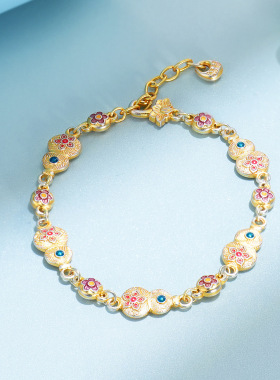 足银9999描金珐琅彩莲花葫芦纯银手链新中式女手饰招财进宝手链