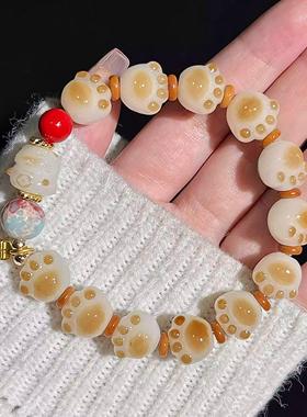 小红书爆款招财猫国风可爱串珠手链女小众设计炭烧焦糖猫爪ins