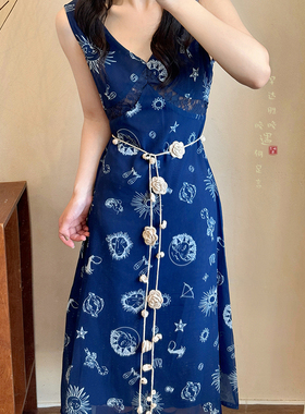 手工编织花朵长款系脖项链女高级感腰链腰带颈饰配裙子腰间配饰品