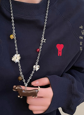 卡通陶瓷腊肠狗吊坠项链女可爱复古小狗挂脖长款毛衣链配饰装饰品