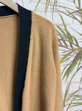 欧美撞色宽松开衫高级毛衣外套秋冬新款慵懒针织中长款(无扣)轻奢