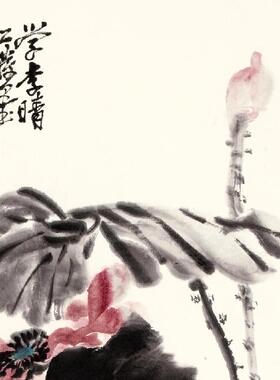 清吴昌硕朝日红荷国画字画宣纸