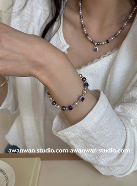 阿婉Wan 韩系ins风锆石珍珠手链曼塔玫瑰紫色方糖手链