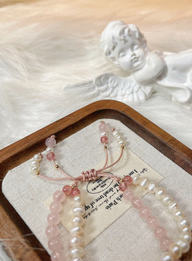 水晶手链女粉水晶回纹桶珠复古天然淡水珍珠手饰手串女生小众