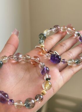 天然多宝超七黑金超手链女生14k金紫貔貅金发绿幽灵水晶