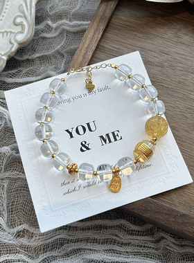 天然高级白水晶黄水晶复古银手链女生个性小众水晶串珠