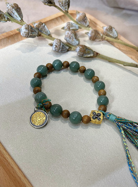 新中式天然玉石和田玉青玉圆珠古风设计沉香算盘珠手串女