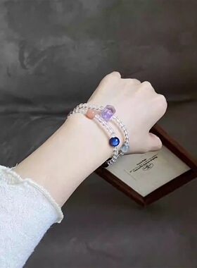 彩虹天然多宝双圈白水晶手串珠手链女神简约小众轻奢闺蜜手饰礼