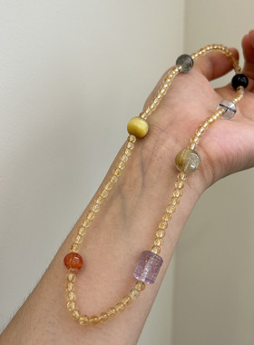 天然三圈黄水晶黑发晶手链