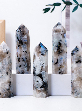 天然水晶黑月光石单尖六棱柱 原石打磨彩月光能量柱家居装饰摆件