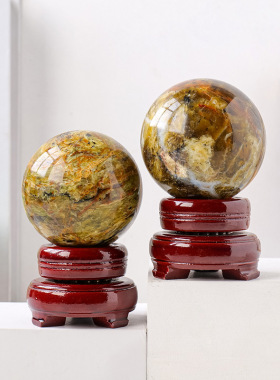 天然欧珀水晶球摆件 原石打磨观赏石风水能量球家居装饰摆件