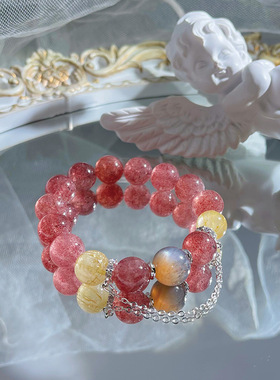 天然草莓晶手串女金发晶黑骨干高品质大颗粒串珠手链礼物
