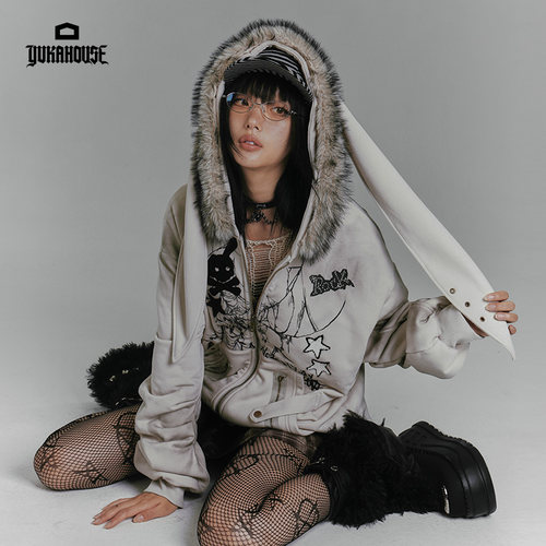 YUKAHOUSE 原创兔耳连帽外套灰毛棉服亚比Y2K加绒加厚女上衣秋冬 - 图0