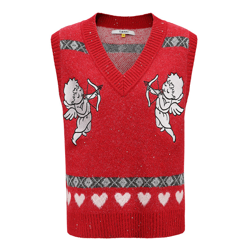 tanni冬季新品学院风V领休闲运动毛衣无袖提花针织背心TL31KN038A,淘宝优惠券,粉丝福利购,淘宝优惠卷