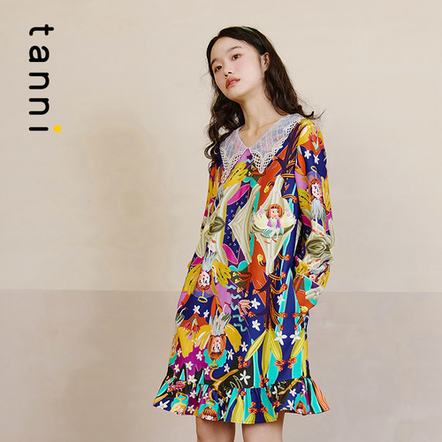 tanni新品小众设计复古减龄小A版衬衫领连衣裙TL31DR007A - 图1