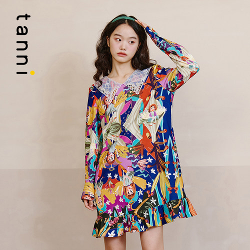 tanni新品小众设计复古减龄小A版衬衫领连衣裙TL31DR007A - 图0
