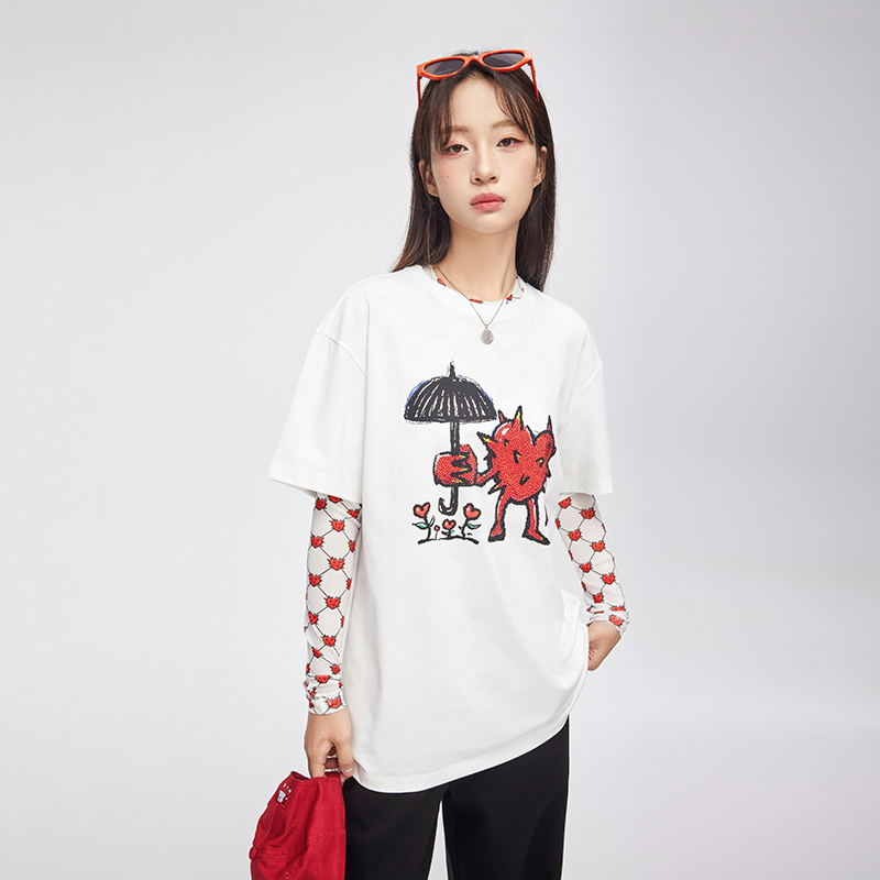 innplanet新款插画师合作宽松休闲百搭爱心印花T恤女PN11TS855A - 图0