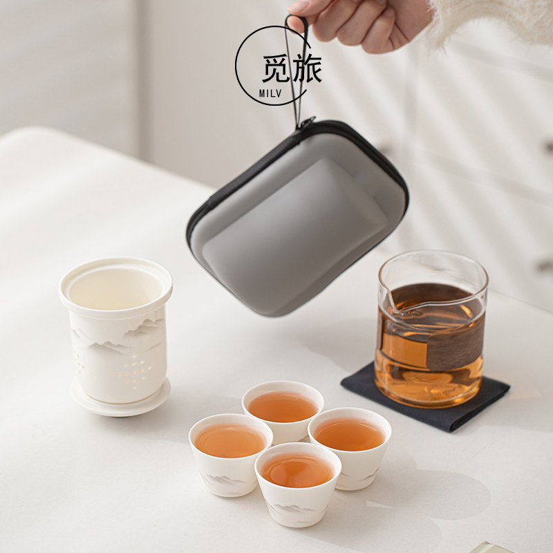 Ceramic pot and four cups travel tea set