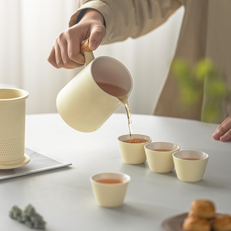 Milu Beige Glaze Wooden Handle Anti-scalding Travel Tea Set