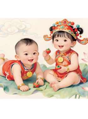 年画娃娃送子图卧室床头宝宝画龙凤胎年画挂画备孕贴画墙贴贴纸qt