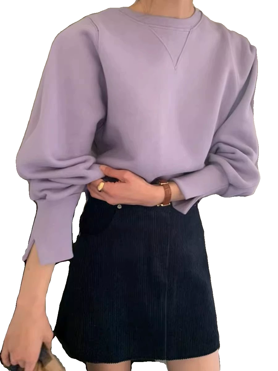 韩国东大门2024秋冬新款纯色圆领套头设计感灯笼袖短款加绒卫衣女