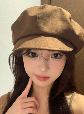大头围显脸小！春夏薄款咖色贝雷帽简约女日系复古百搭八角画家帽