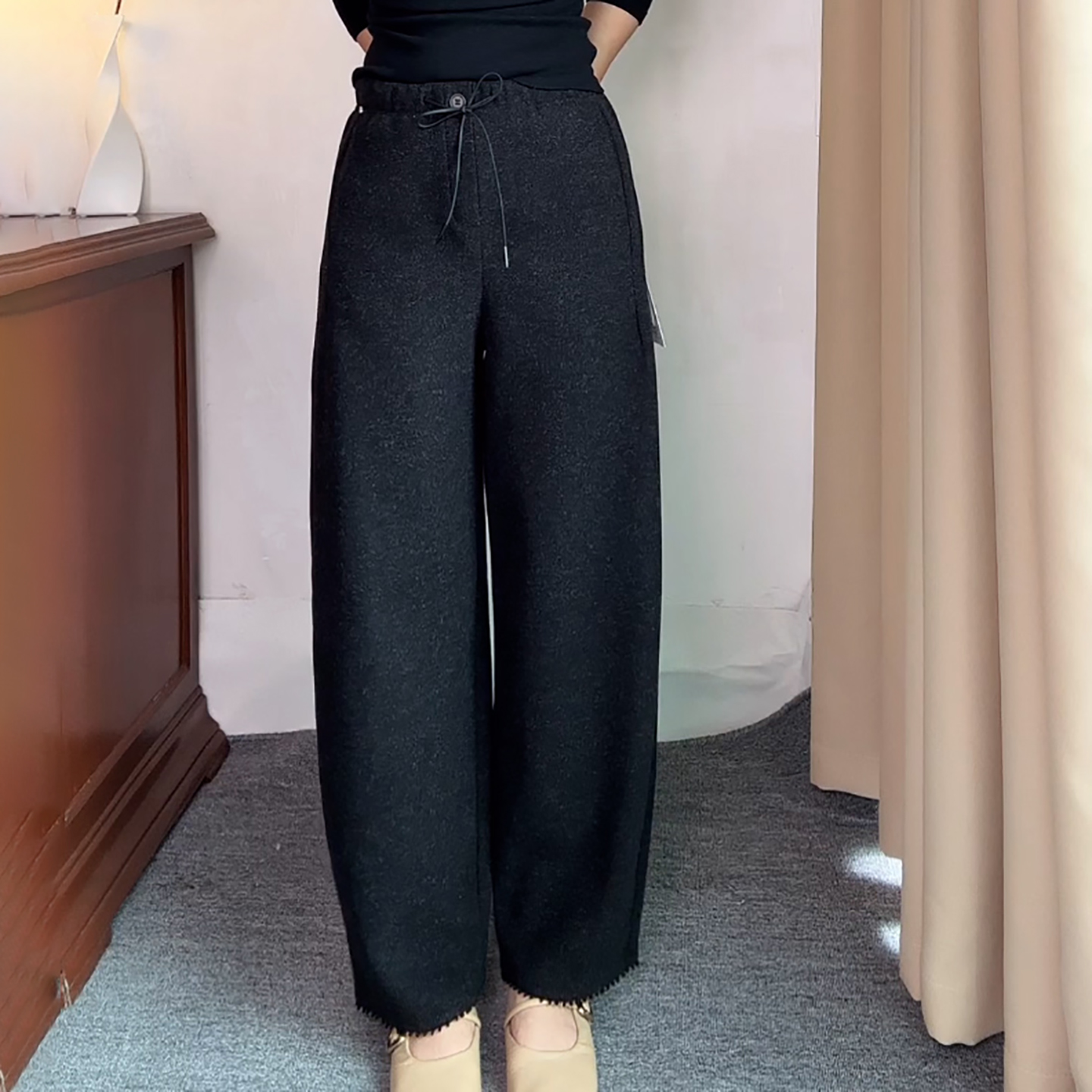 Ader韩系毛呢休闲裤女2025秋冬新款时尚百搭高腰显瘦九分弯刀裤子 - 图1