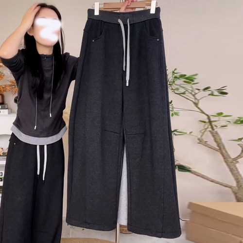 Ader冬季加绒加厚保暖弯刀裤女2025新款时尚百搭显瘦阔腿休闲裤潮 - 图0