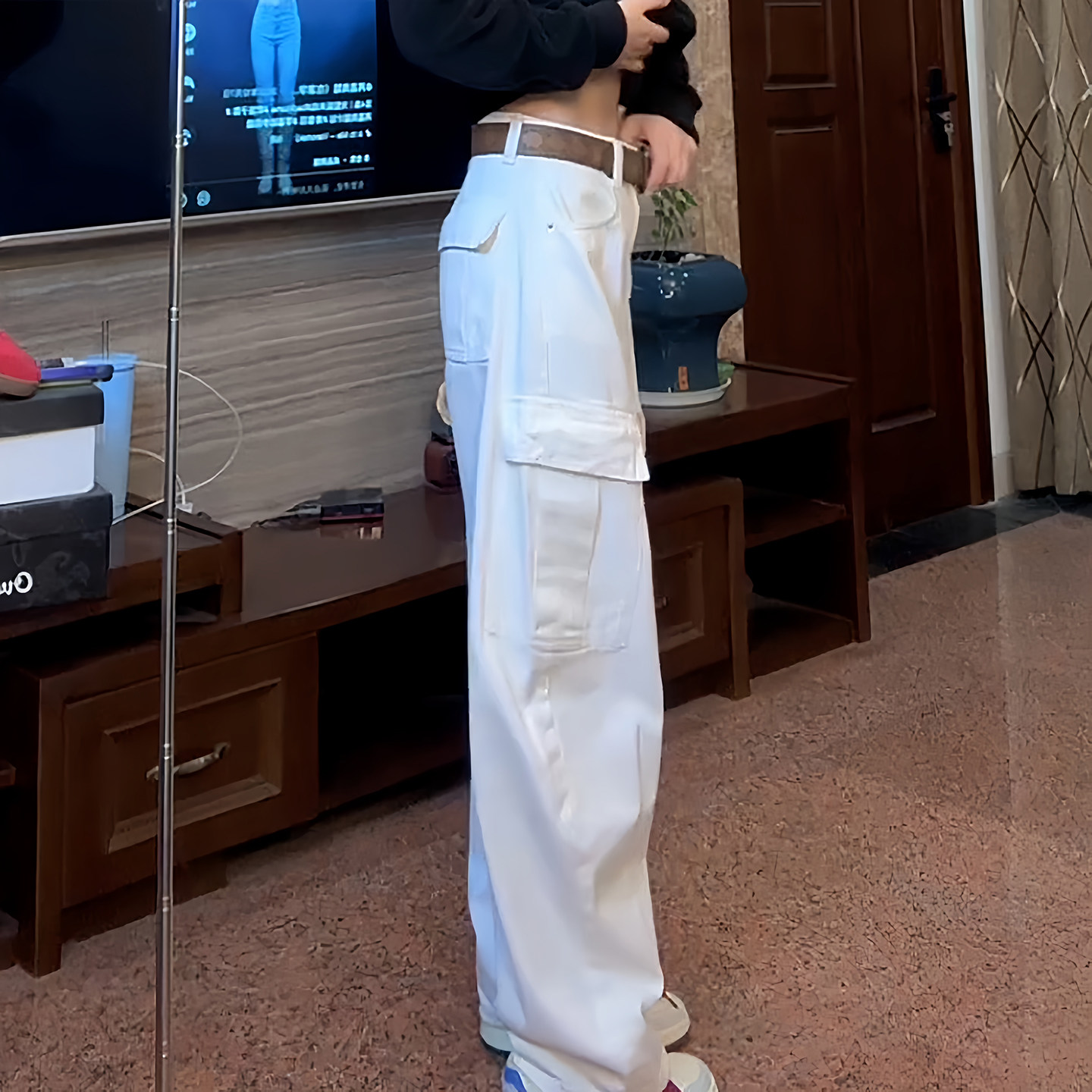 Ader牛仔工装裤女2026春季新款白色高腰宽松阔腿百搭休闲弯刀裤潮,淘宝优惠券,粉丝福利购,淘宝优惠卷