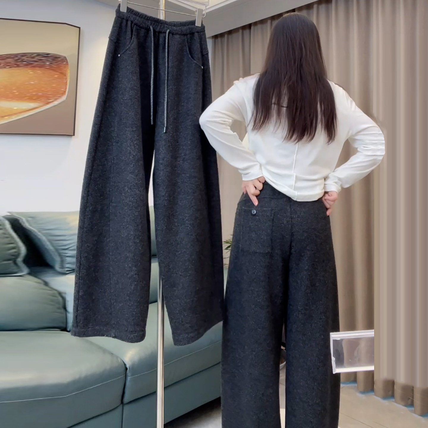 Ader醋酸羊毛加绒加厚弯刀裤女2025冬季新款百搭显瘦保暖休闲裤子,淘宝优惠券,粉丝福利购,淘宝优惠卷