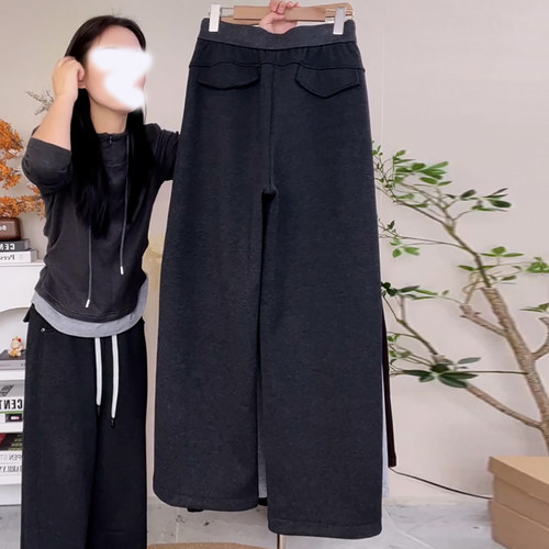 Ader冬季加绒加厚保暖弯刀裤女2025新款时尚百搭显瘦阔腿休闲裤潮 - 图3
