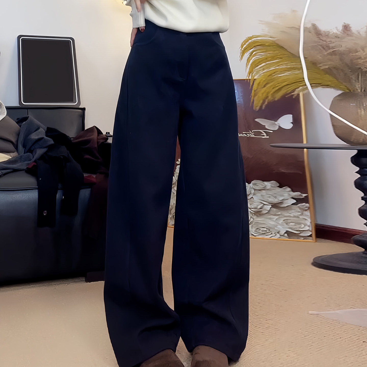 Ader冬季加绒窄版阔腿弯刀裤女2025新款百搭显瘦纯色简约休闲裤子,淘宝优惠券,粉丝福利购,淘宝优惠卷