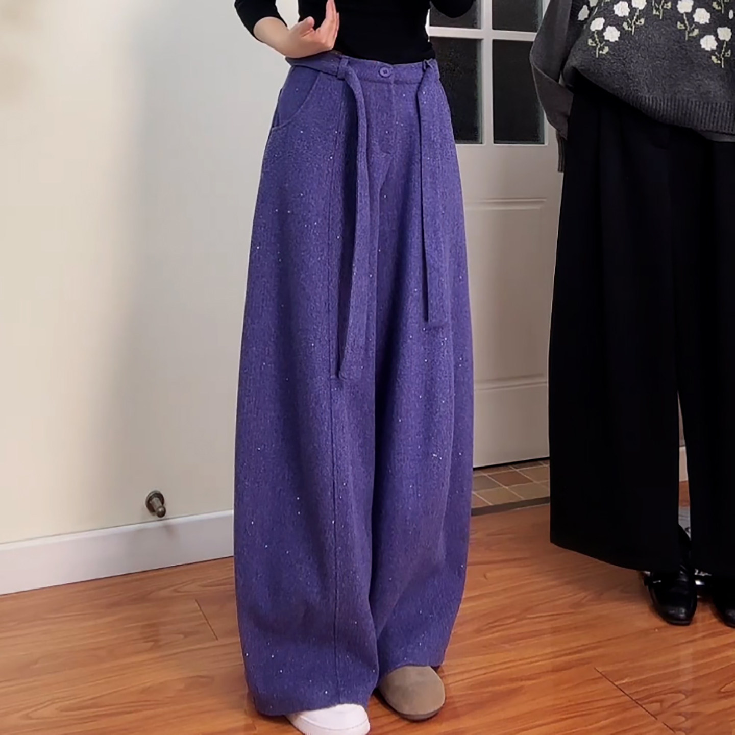Ader毛呢亮闪闪阔腿弯刀裤2026春季新款慵懒风高腰垂感休闲气球裤,淘宝优惠券,粉丝福利购,淘宝优惠卷