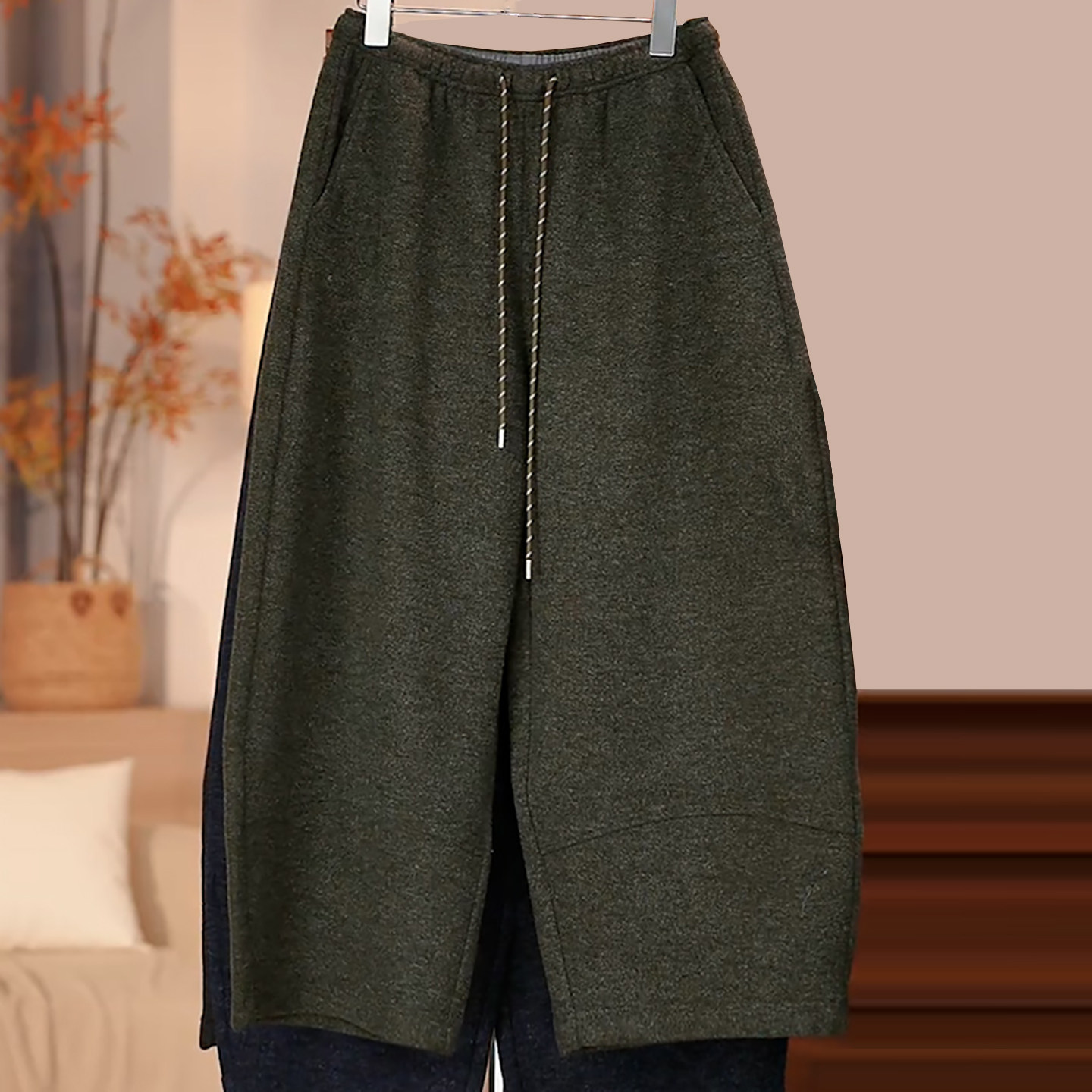 Ader毛呢九分休闲裤女2025秋冬新款松紧腰抽绳百搭遮胯阔腿弯刀裤,淘宝优惠券,粉丝福利购,淘宝优惠卷