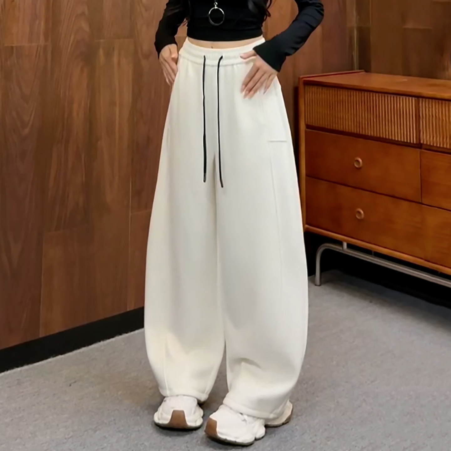 Ader松紧腰抽绳加绒加厚弯刀卫裤女2025冬季新款高腰阔腿休闲裤子,淘宝优惠券,粉丝福利购,淘宝优惠卷