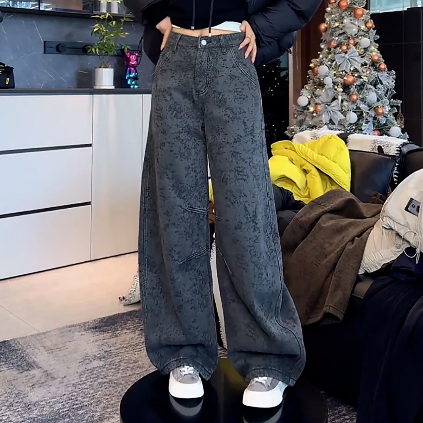 Ader加绒加厚提花阔腿牛仔裤女2025冬季新款高腰百搭显瘦弯刀裤潮,淘宝优惠券,粉丝福利购,淘宝优惠卷